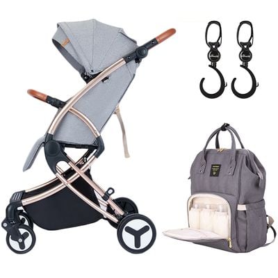 Teknum A1 Feather Lite Stroller - Grey + Sunveno Diaper Bag - Grey + Hooks